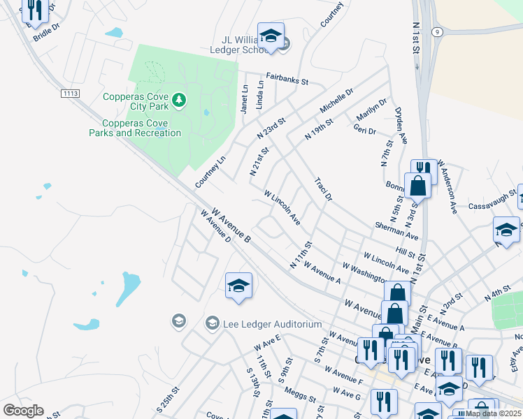 map of restaurants, bars, coffee shops, grocery stores, and more near 1005 West Lincoln Avenue in Copperas Cove