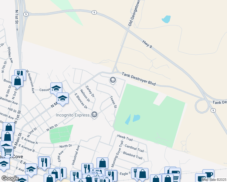 map of restaurants, bars, coffee shops, grocery stores, and more near 222 January Street in Copperas Cove