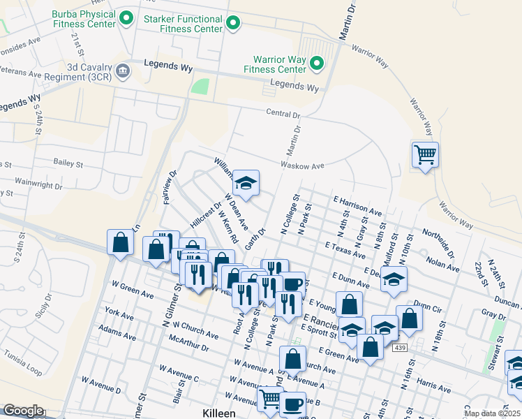 map of restaurants, bars, coffee shops, grocery stores, and more near 700 Whitlow Drive in Killeen