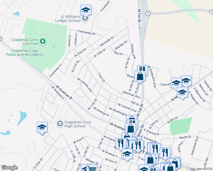 map of restaurants, bars, coffee shops, grocery stores, and more near 611 Traci Drive in Copperas Cove