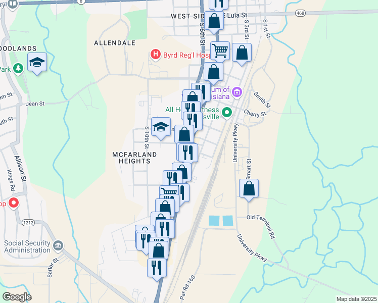 map of restaurants, bars, coffee shops, grocery stores, and more near 1303 South 5th Street in Leesville