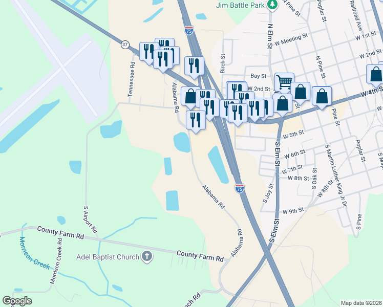 map of restaurants, bars, coffee shops, grocery stores, and more near Alabama Road in Adel