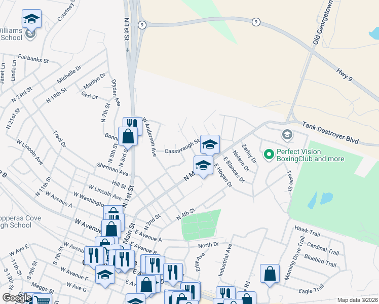 map of restaurants, bars, coffee shops, grocery stores, and more near 111 Jason Drive in Copperas Cove