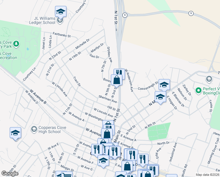 map of restaurants, bars, coffee shops, grocery stores, and more near 806 North 5th Street in Copperas Cove