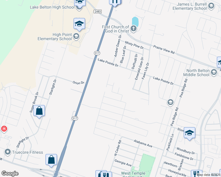 map of restaurants, bars, coffee shops, grocery stores, and more near 9303 Lake Pointe Drive in Temple