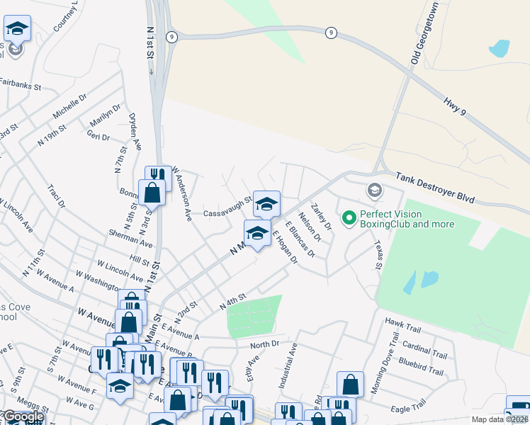 map of restaurants, bars, coffee shops, grocery stores, and more near 107 West Blancas Drive in Copperas Cove