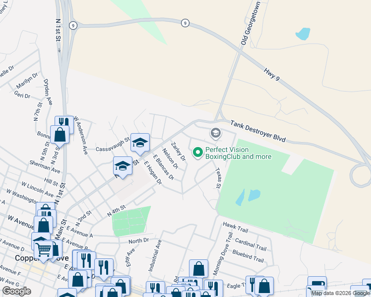 map of restaurants, bars, coffee shops, grocery stores, and more near 506 Texas Street in Copperas Cove
