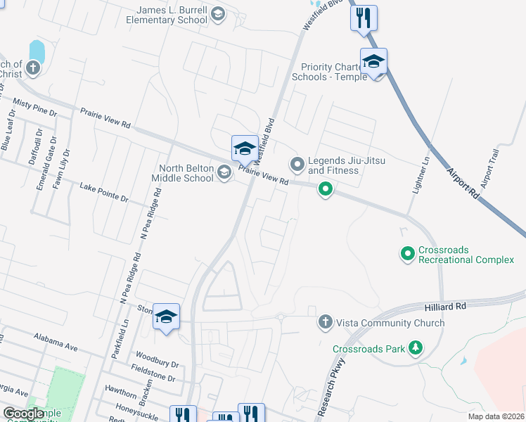 map of restaurants, bars, coffee shops, grocery stores, and more near 1405 Lakeway Crossing Drive in Temple