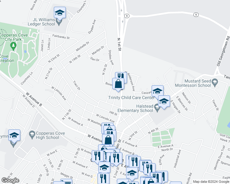 map of restaurants, bars, coffee shops, grocery stores, and more near 807 North 3rd Street in Copperas Cove