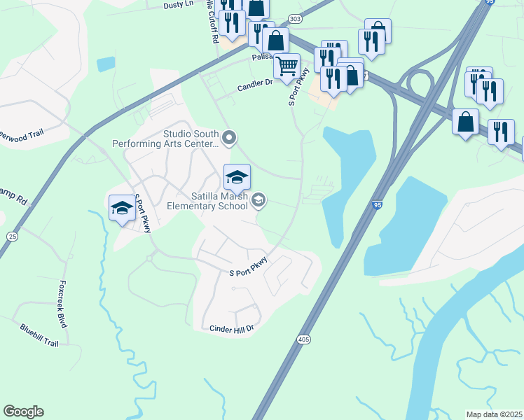 map of restaurants, bars, coffee shops, grocery stores, and more near 360 South Port Parkway in Brunswick