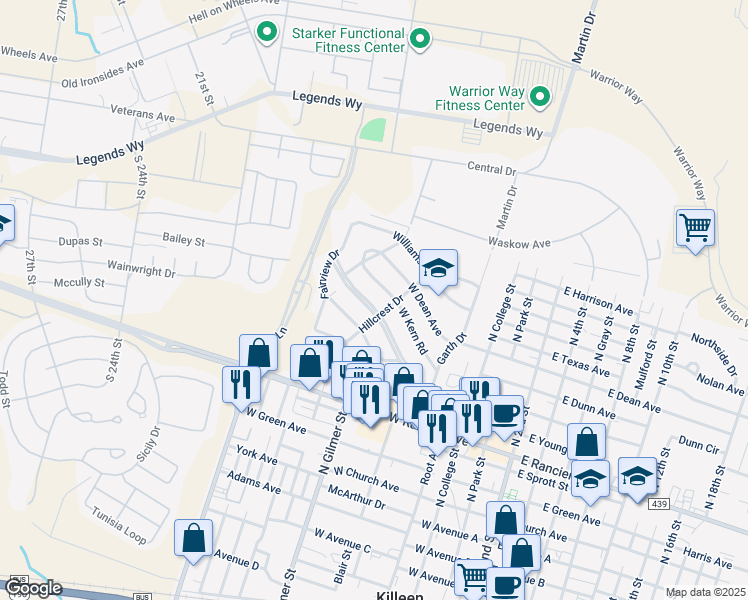 map of restaurants, bars, coffee shops, grocery stores, and more near 812 West Kern Road in Killeen