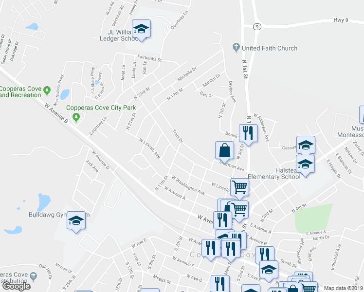 map of restaurants, bars, coffee shops, grocery stores, and more near 615 Traci Drive in Copperas Cove
