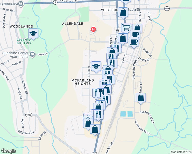 map of restaurants, bars, coffee shops, grocery stores, and more near 1299 South 9th Street in Leesville