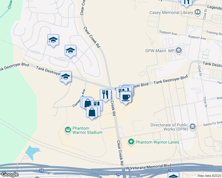 map of restaurants, bars, coffee shops, grocery stores, and more near Clear Creek Rd & Tank Destroyer Blvd in Fort Hood