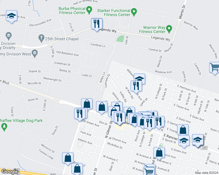 map of restaurants, bars, coffee shops, grocery stores, and more near 906 Valley Road in Killeen