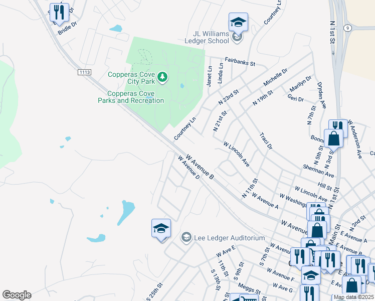 map of restaurants, bars, coffee shops, grocery stores, and more near 1004 West Avenue B in Copperas Cove