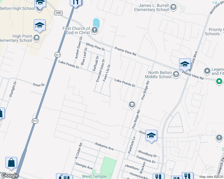 map of restaurants, bars, coffee shops, grocery stores, and more near 1115 Garden Green Drive in Temple