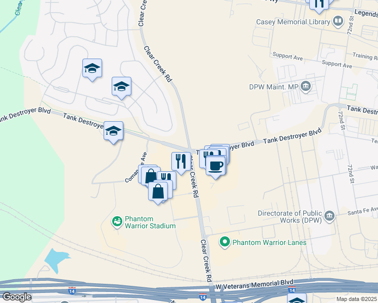 map of restaurants, bars, coffee shops, grocery stores, and more near Clear Creek Rd & Tank Destroyer Blvd in Fort Hood