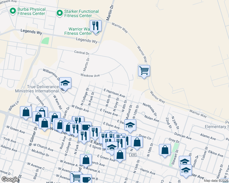 map of restaurants, bars, coffee shops, grocery stores, and more near 1901 North 4th Street in Killeen