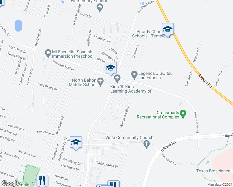 map of restaurants, bars, coffee shops, grocery stores, and more near 1405 Lakeway Crossing Drive in Temple