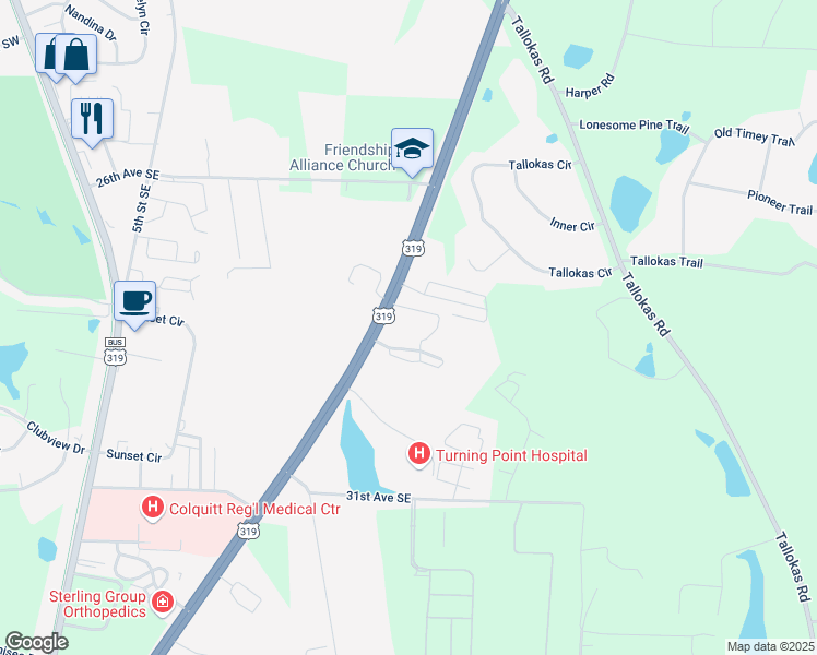map of restaurants, bars, coffee shops, grocery stores, and more near 3015 South Veterans Parkway in Moultrie