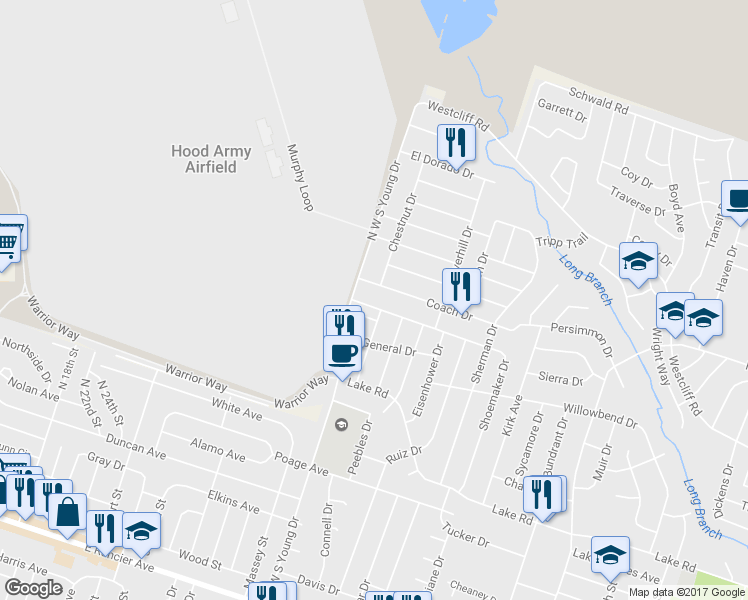 map of restaurants, bars, coffee shops, grocery stores, and more near 2410 Shoemaker Drive in Killeen