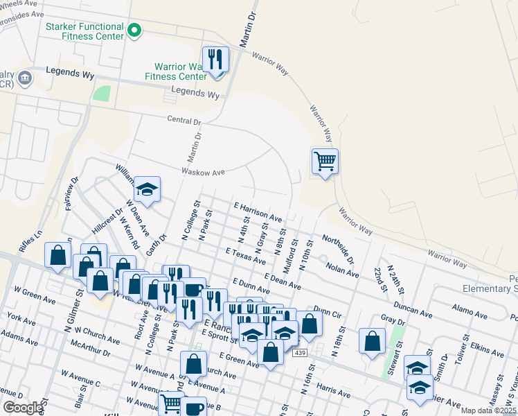 map of restaurants, bars, coffee shops, grocery stores, and more near 1901 North 4th Street in Killeen