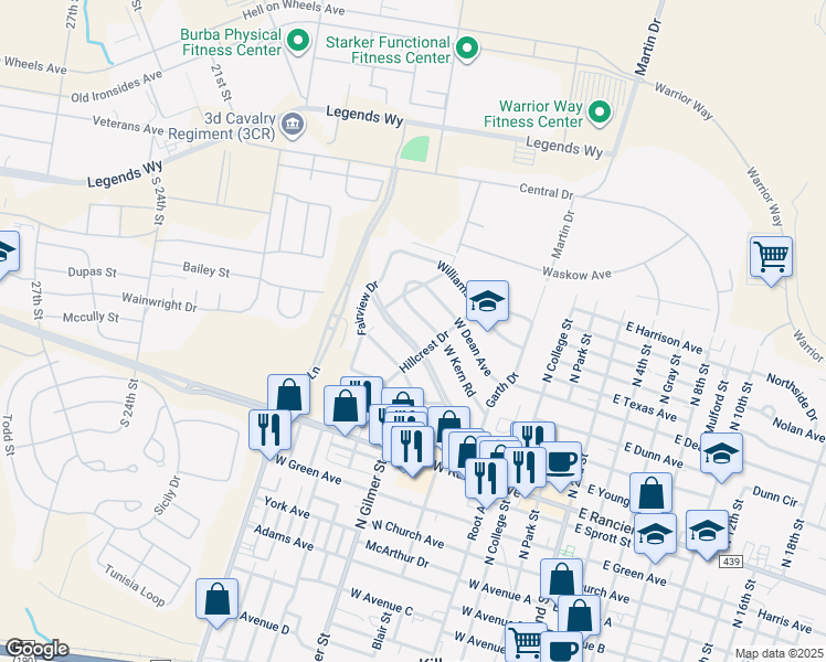 map of restaurants, bars, coffee shops, grocery stores, and more near 812 West Kern Road in Killeen