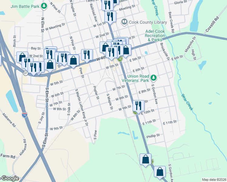 map of restaurants, bars, coffee shops, grocery stores, and more near 203 West 7th Street in Adel