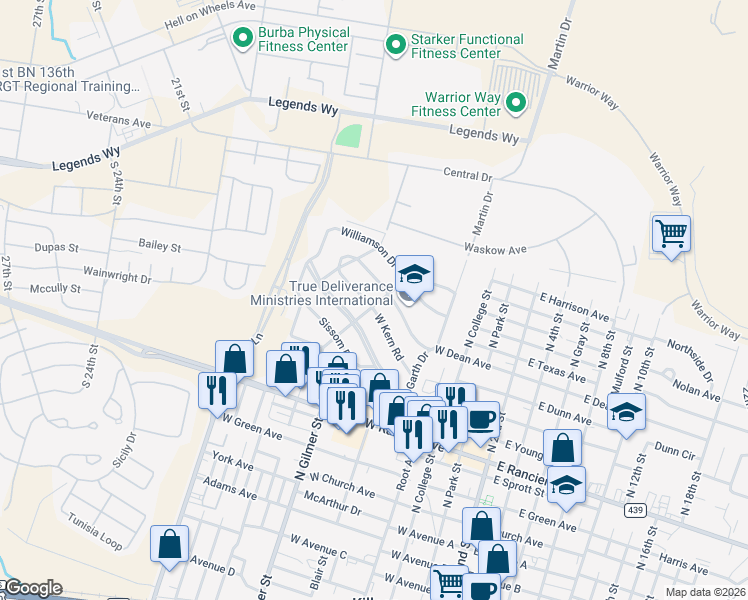 map of restaurants, bars, coffee shops, grocery stores, and more near 812 West Kern Road in Killeen
