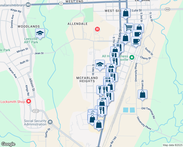 map of restaurants, bars, coffee shops, grocery stores, and more near 1202 South 10th Street in Leesville
