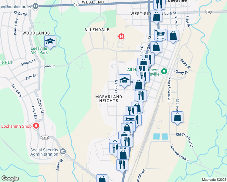 map of restaurants, bars, coffee shops, grocery stores, and more near 1202 South 10th Street in Leesville