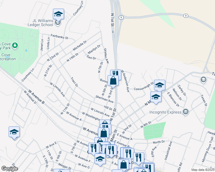map of restaurants, bars, coffee shops, grocery stores, and more near 810 North 5th Street in Copperas Cove