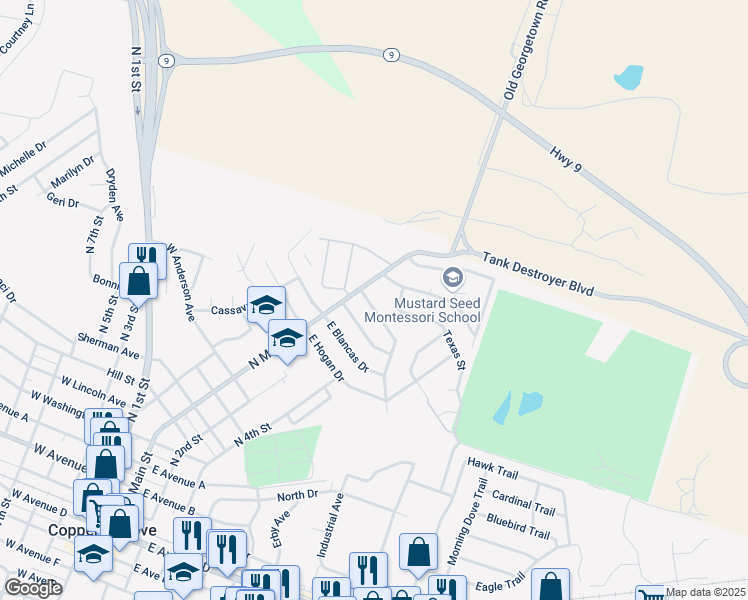 map of restaurants, bars, coffee shops, grocery stores, and more near 105 Zarley Drive in Copperas Cove