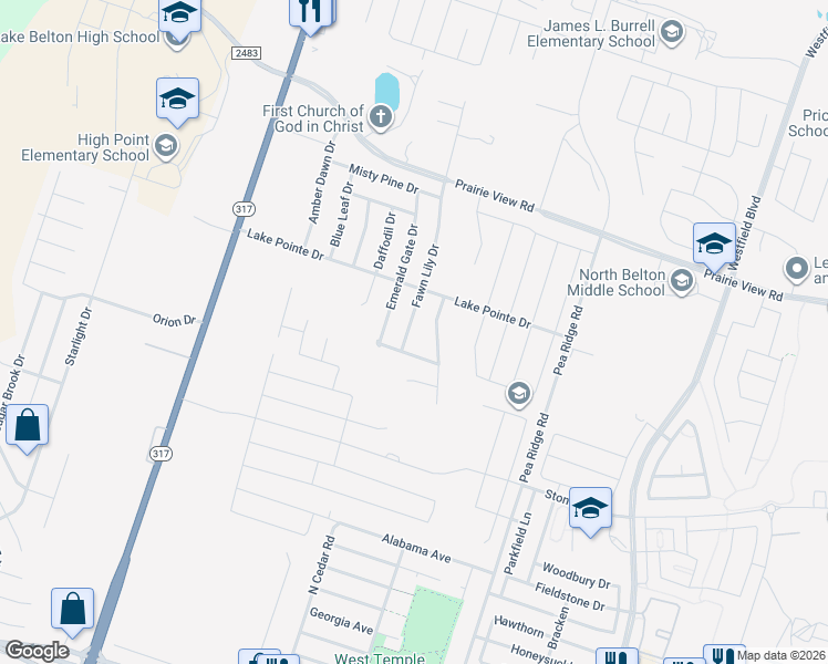 map of restaurants, bars, coffee shops, grocery stores, and more near 1115 Fawn Lily Drive in Temple