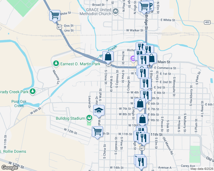 map of restaurants, bars, coffee shops, grocery stores, and more near 706 West 3rd Street in Brady