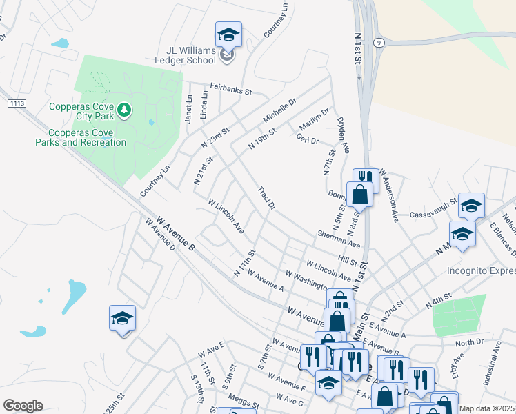 map of restaurants, bars, coffee shops, grocery stores, and more near 802 Hill Street in Copperas Cove