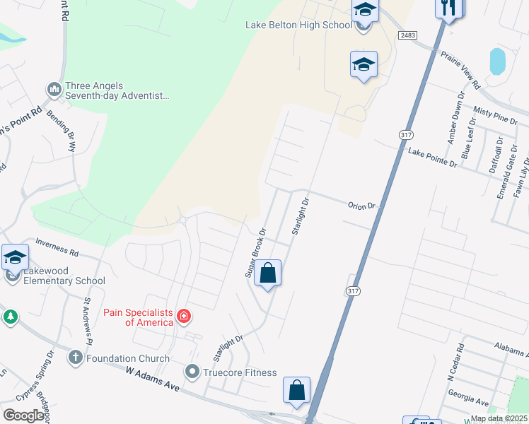 map of restaurants, bars, coffee shops, grocery stores, and more near 1020 Sugar Brook Drive in Temple
