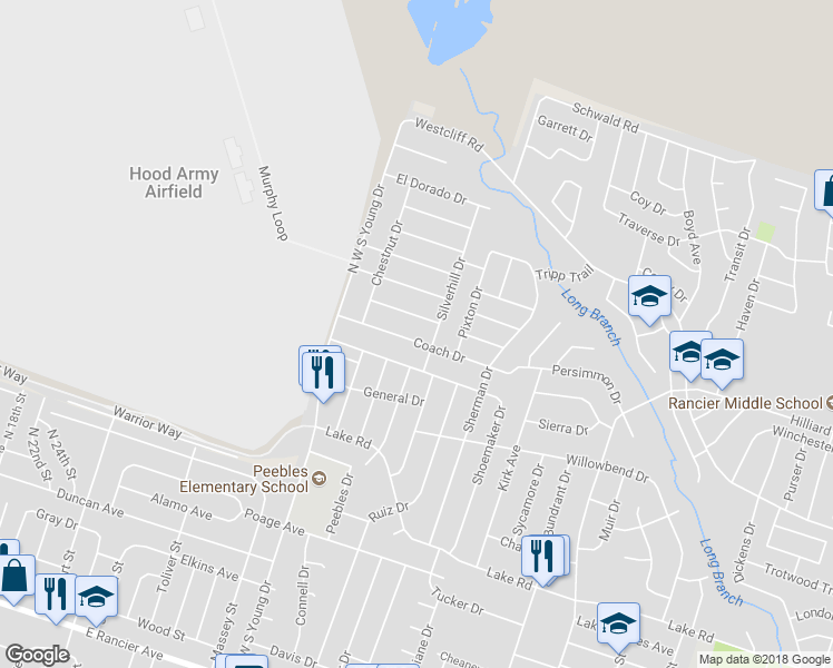 map of restaurants, bars, coffee shops, grocery stores, and more near 2209 Coach Drive in Killeen