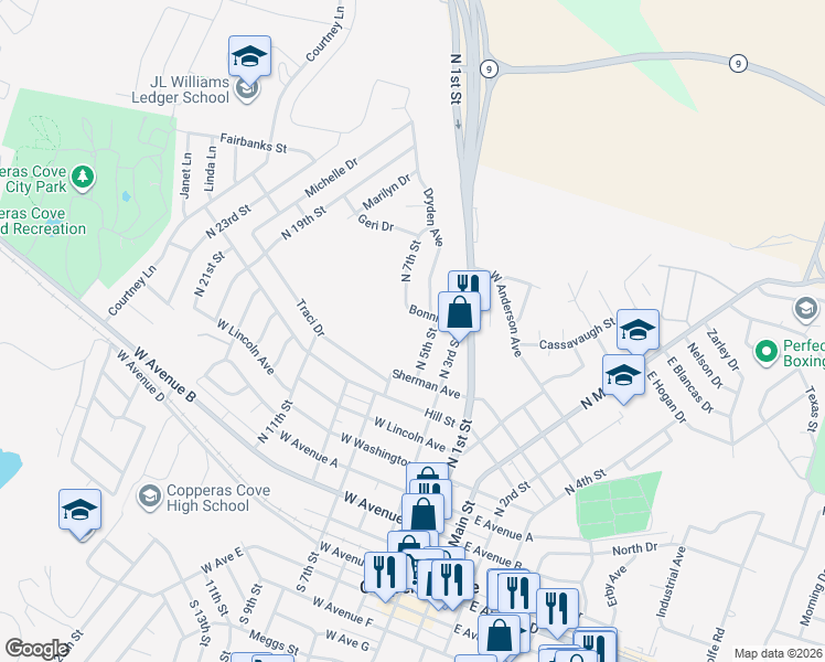 map of restaurants, bars, coffee shops, grocery stores, and more near 808 North 7th Street in Copperas Cove