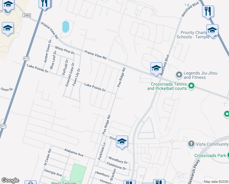 map of restaurants, bars, coffee shops, grocery stores, and more near 1203 Lilac Ledge Dr in Temple