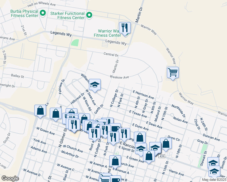 map of restaurants, bars, coffee shops, grocery stores, and more near 1706 Garth Drive in Killeen