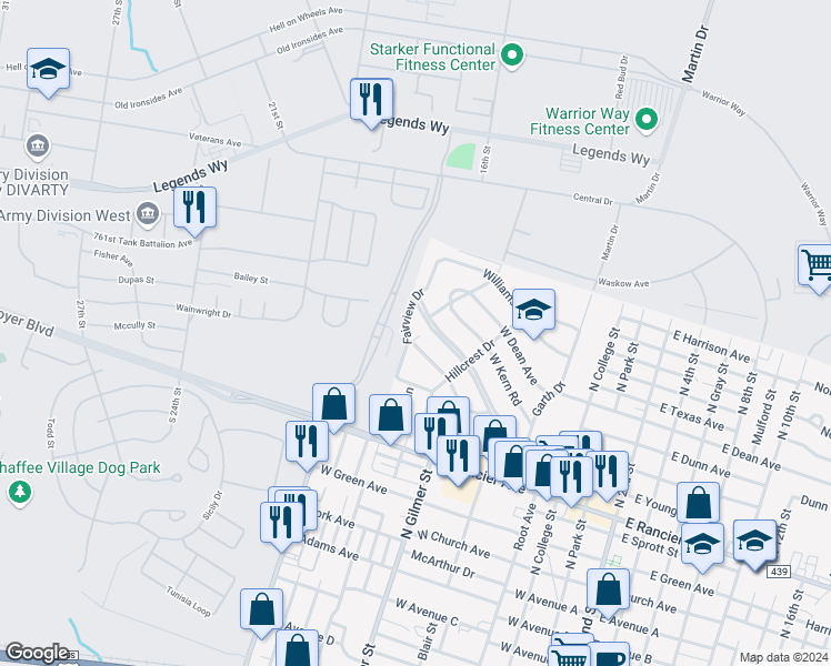 map of restaurants, bars, coffee shops, grocery stores, and more near 906 Valley Road in Killeen