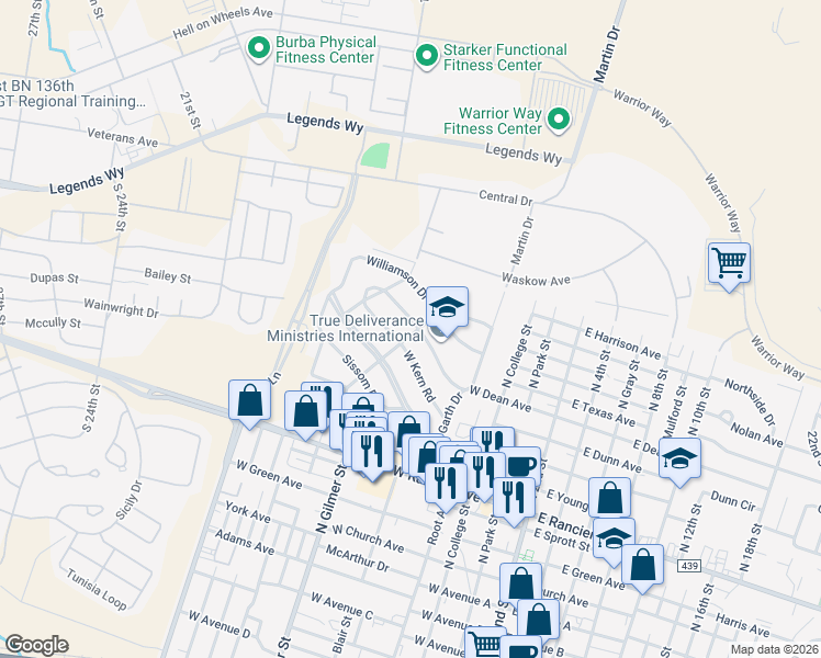 map of restaurants, bars, coffee shops, grocery stores, and more near 708 West Dean Avenue in Killeen
