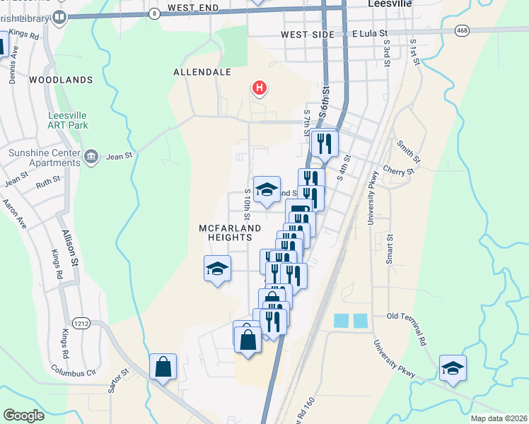 map of restaurants, bars, coffee shops, grocery stores, and more near 1201-1299 South 9th Street in Leesville