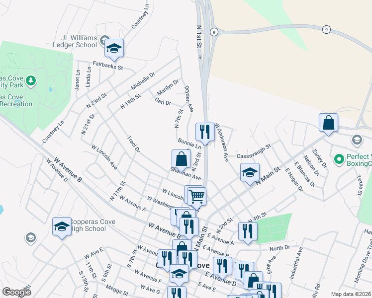 map of restaurants, bars, coffee shops, grocery stores, and more near 808 North 7th Street in Copperas Cove