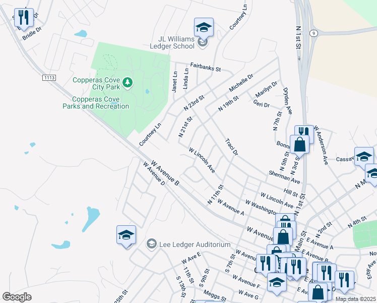 map of restaurants, bars, coffee shops, grocery stores, and more near 1005 West Lincoln Avenue in Copperas Cove