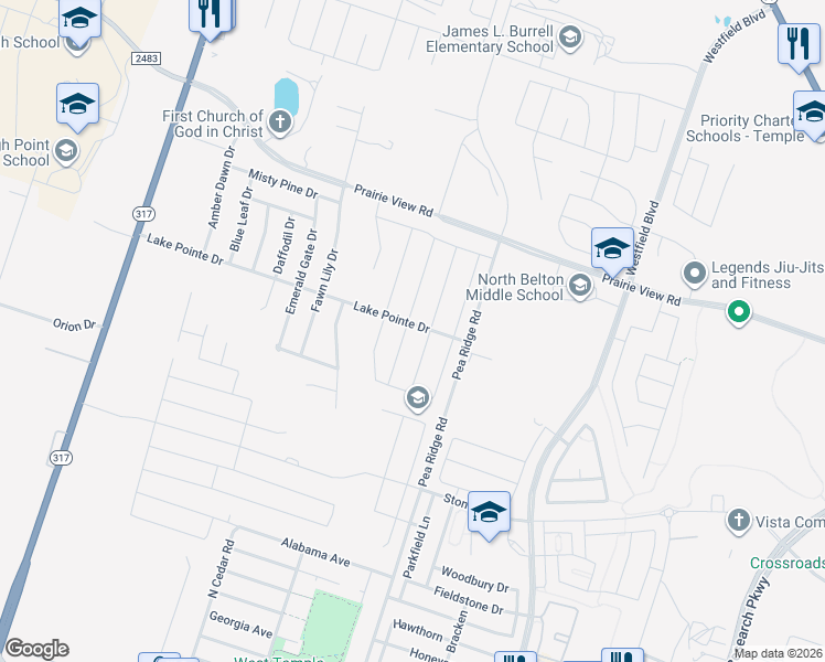 map of restaurants, bars, coffee shops, grocery stores, and more near 1143 Juneberry Park Dr in Temple