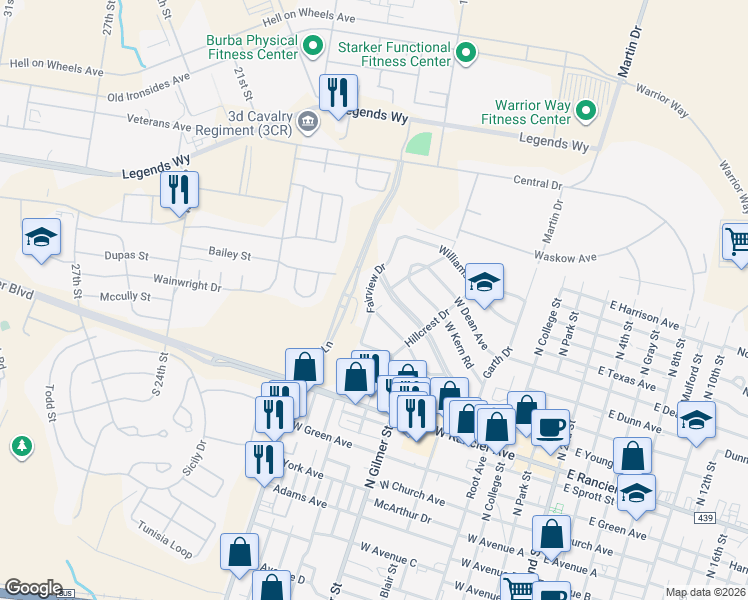 map of restaurants, bars, coffee shops, grocery stores, and more near 909 Sissom Road in Killeen