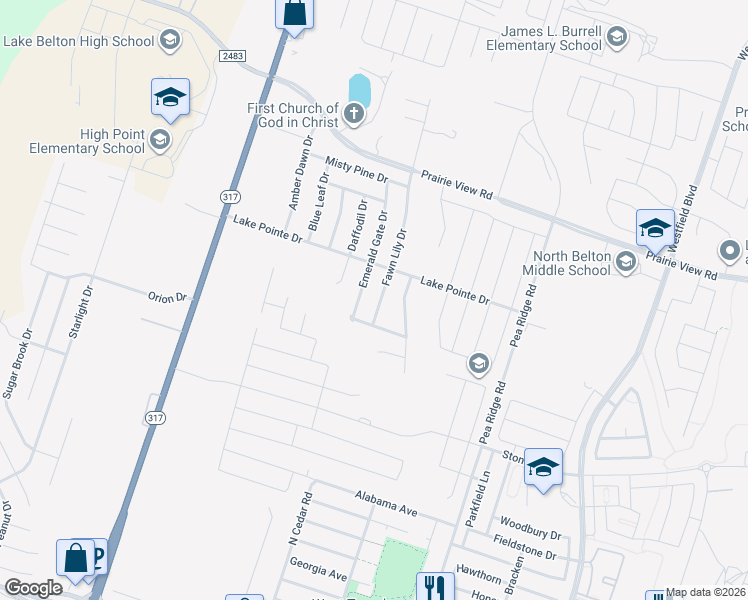 map of restaurants, bars, coffee shops, grocery stores, and more near 1115 Fawn Lily Drive in Temple